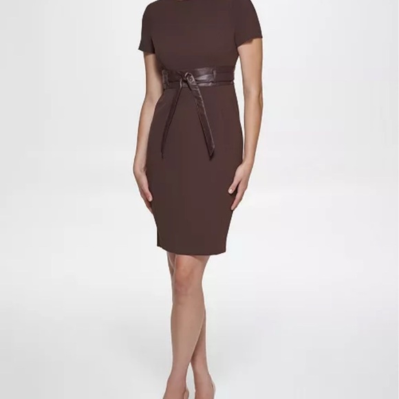 Calvin Klein Solid Brown Faux-Leather Tie-Waist Sheath Dress | Size 6 - Picture 6 of 8